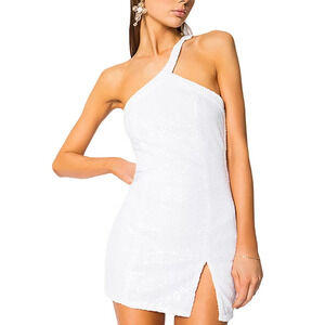 Superdown One Shoulder Sequin Mini Dress White MEDIUM Bodycon Cocktail $72 NEW